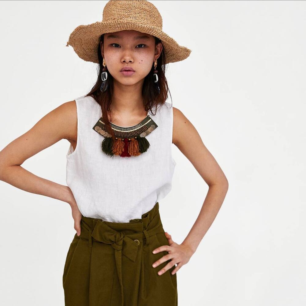 Zara Boho Tassel Beaded Linen Tank - White / Bronze - S